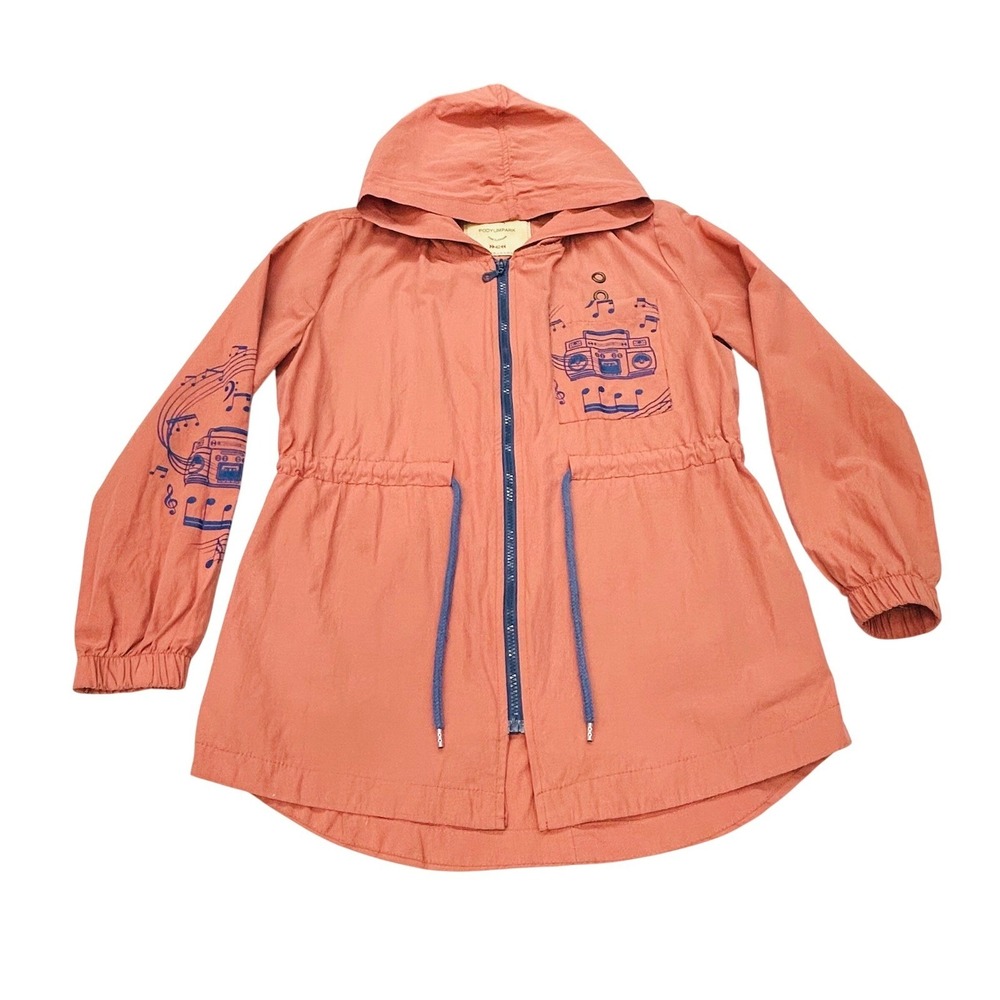 Retro Boombox‎ Music Graphic Jacket Womens Medium Coral Orange Hooded Festival